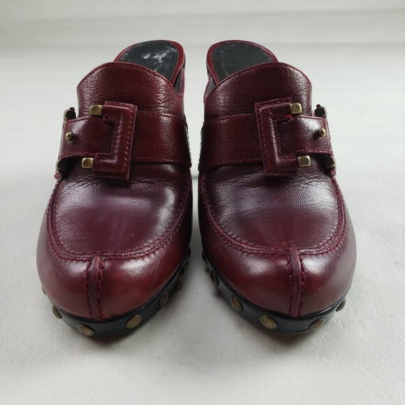 Stuart Weitzman Red Leather Clog Womens 6 Slip On Heel Studded Buckle Mule - Picture 5 of 16